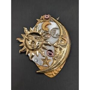 Vintage Mixed Metal Celestial Brooch Sun Moon Stars Large 90s Pendant Pin 38g